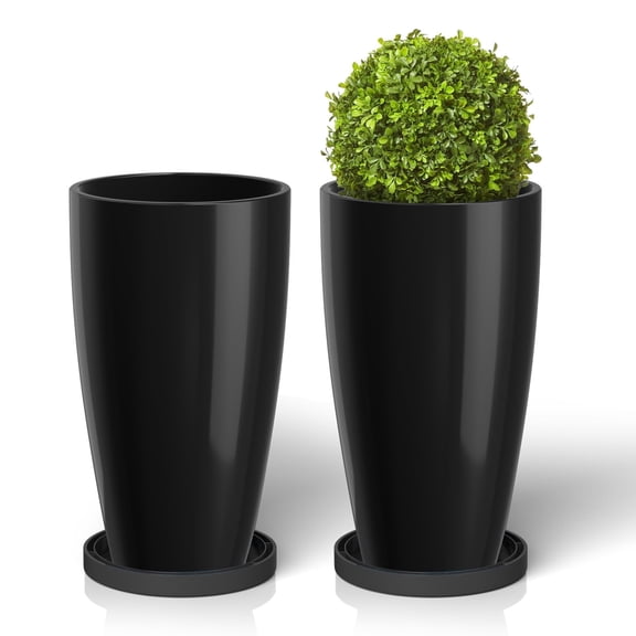 FIASON 2 Pack 21 Inch Glossy Black Tall Planters, Modern Flower Pots with Drainage Holes & Saucers, Indoor Outdoor Planters for Front Porch Patio Garden