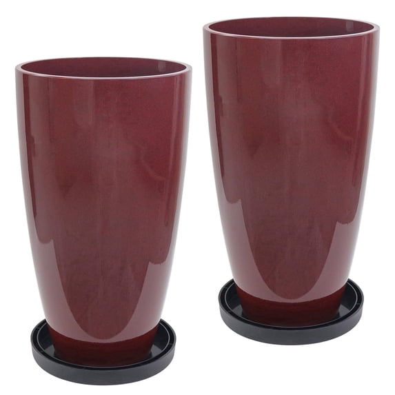 FIASON 2 Pack Large Plastic 21" Wine Red Tall Planters,Tall Plant Pots for Outdoor Indoor with Shelf Inset, Glossy Smooth Finish Large Flower Pot with Drainage Holes for Front Porch Patio