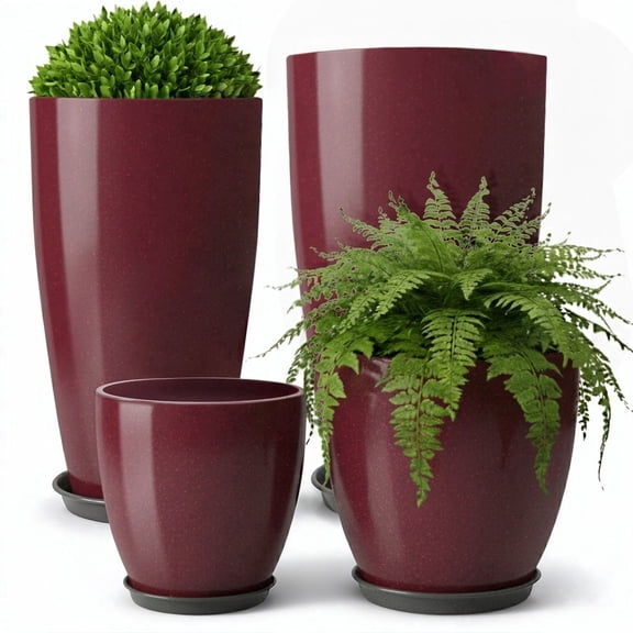 FIASON 4 Pack Large Plastic 24/21/12/10" H Wine Red Tall Planters,Tall Plant Pots for Outdoor Indoor with Shelf Inset, Glossy Smooth Finish Large Flower Pot with Drainage Holes for Front Porch Patio