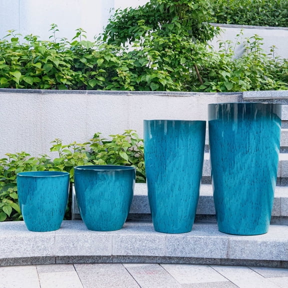 FIASON 4 Pack Large Plastic 24/21/12/10" H Blue Tall Planters,Tall Plant Pots for Outdoor Indoor with Shelf Inset, Glossy Smooth Finish Large Flower Pot with Drainage Holes for Front Porch Patio