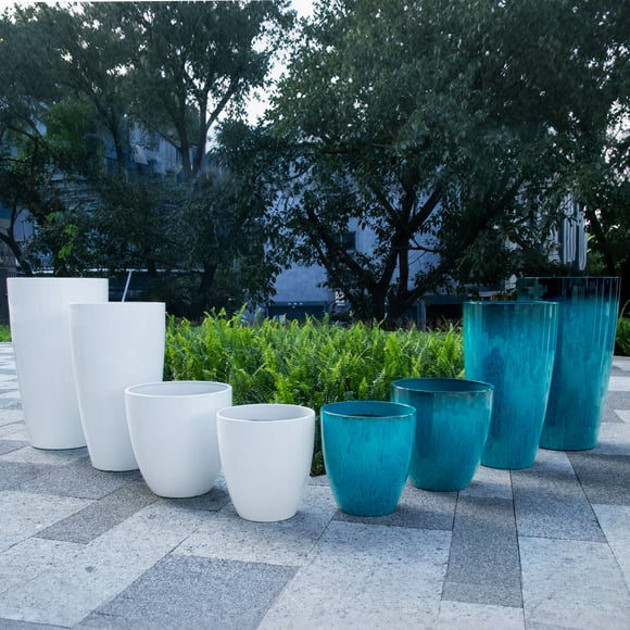 FIASON 4 Pack Large Plastic 24/21/12/10" H Blue Tall  Planters,Tall Plant Pots for Outdoor Indoor with Shelf Inset, Glossy Smooth Finish Large Flower Pot with Drainage Holes for Front Porch Patio