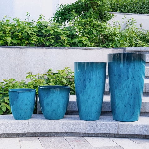 FIASON 4 Pack Large Plastic 24/21/12/10" H Blue Tall Planters, Tall Plant Pots for Outdoor Indoor with Shelf Inset, Glossy Flower Pot with Drainage Holes & Mesh Filter Screen for Front Porch Patio