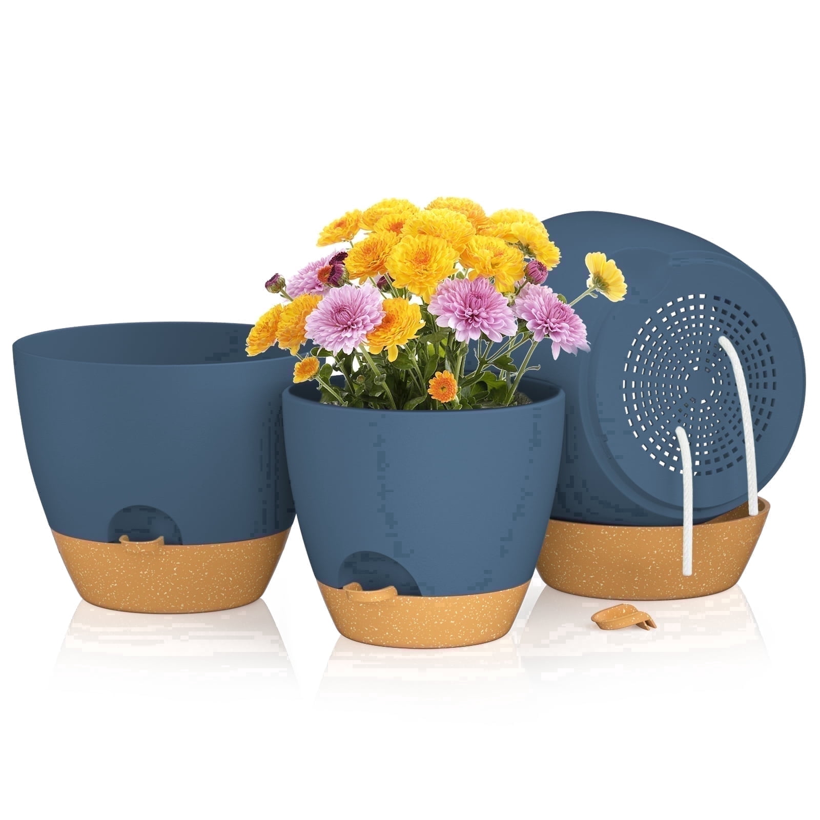 FIASON 3 Pack 9/10/12 Inch Blue & Brown Self-Watering Plastic Plant Pots, Indoor Outdoor Garden Planters with Drainage Holes, Watering Lip & Removable Saucer for Flowers & House Plants