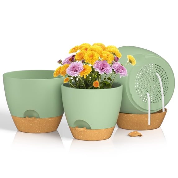 FIASON 3 Pack Large Self Watering Plant Pots, 9/10/12 Inch Indoor Outdoor Plastic Planters with Drainage Holes & Watering Lip for Monstera, Ferns & House Plants, Sage Green
