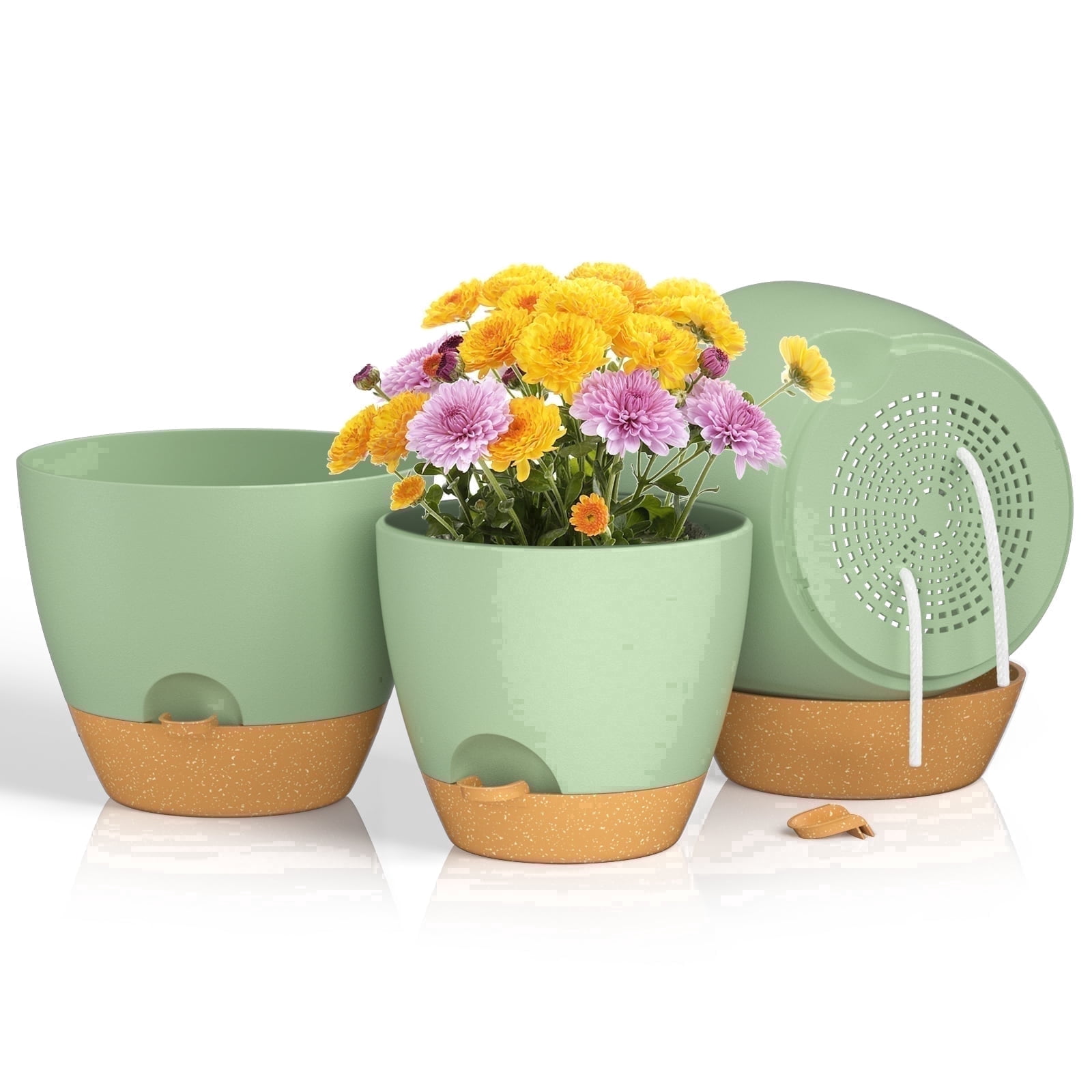 FIASON 3 Pack 9/10/12 Inch Green & Brown Self-Watering Plant Pots, Indoor Outdoor Garden Planters with Drainage Holes, Watering Lip & Removable Saucer for Flowers & House Plants
