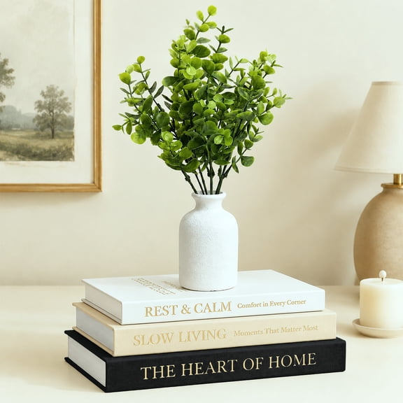 FIASON 3-Piece Black Faux Decorative Books Set with Built-in Storage, Gold Foil Linen Fake Book Stack with White Vase & Artificial Eucalyptus, Modern Minimalist Coffee Table Office Shelf Decor
