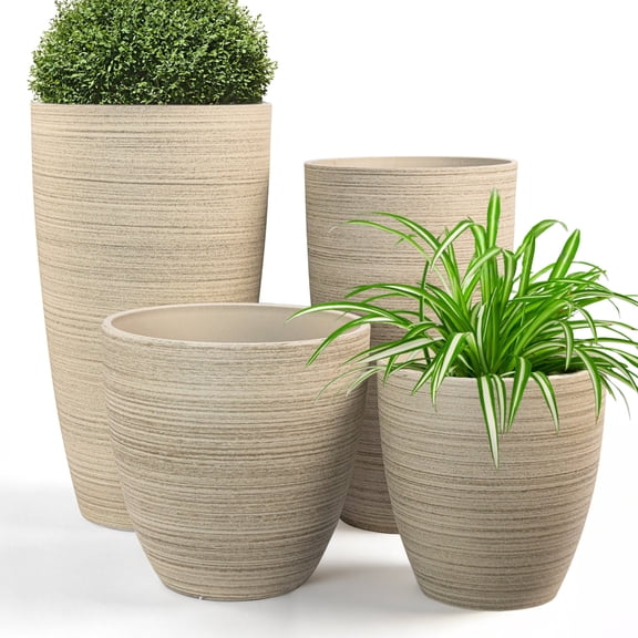 FIASON 4 Pack Large Plastic 21/18/12/10" H Oatmeal White Tall Planters, Outdoor Indoor with Shelf Inset, Matte Finish, Drainage Holes & Mesh Filter Screen for Patio