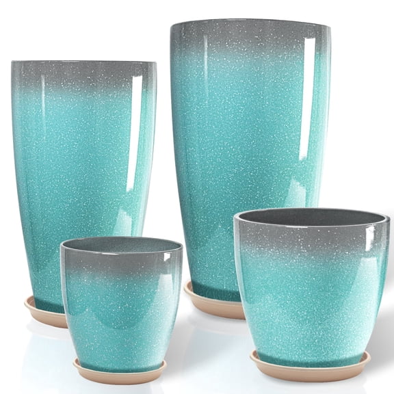 FIASON 4 Pack Large Plastic 24/21/12/10" H Sky-Blue peckled Tall Planters,Tall Plant Pots for Outdoor Indoor with Shelf Inset,Large Flower Pot with Drainage Holes for Front Porch Patio