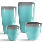 FIASON 4 Pack Large Plastic 24/21/12/10" H Sky-Blue peckled Tall Planters,Tall Plant Pots for Outdoor Indoor with Shelf Inset,Large Flower Pot with Drainage Hol