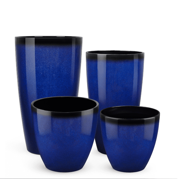 FIASON 4 Pack Tall Planters 24/21/12/10 Inch, Glossy Ceramic Blue Faux Ceramic Plant Pots with Drainage Hole, Filter & Trays, Modern Indoor Outdoor Flower Pots Patio Porch