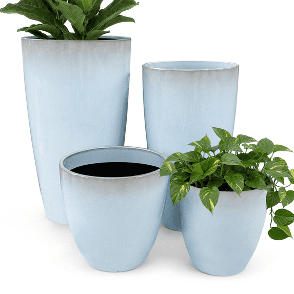 FIASON 4 Pack 24/21/12/10 Inch Tall Planters, Glossy Light Blue Speckled Faux White Ceramic Pots with Dual-Use Tray, Drainage Holes & Filter Screens, Indoor Outdoor Patio Porch Decor