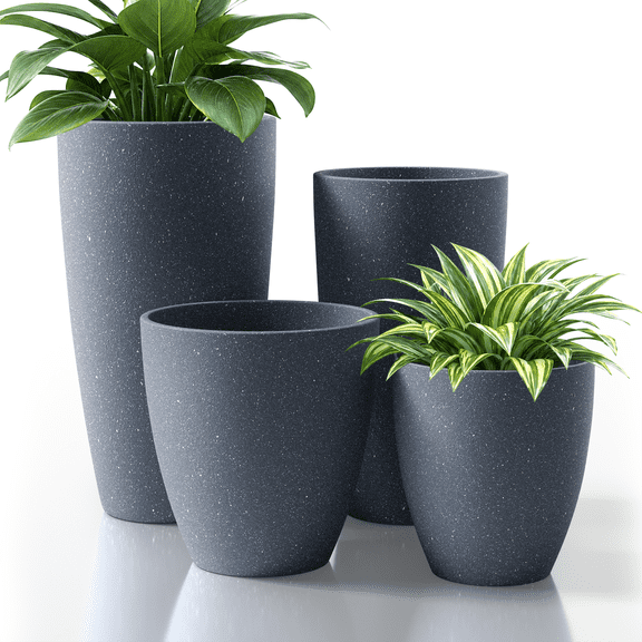 FIASON 4 Pack Tall Planters 24/21/12/10 Inch, Dark Gray Sand Speckled Faux Stone Plant Pots with Drainage Hole, Mesh Filter & Saucers, Matte Indoor Outdoor Flower Pots Patio Porch
