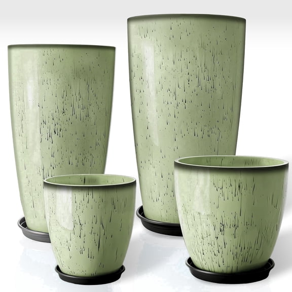 FIASON 4 Pack Tall Planters Set (24/21/12/10 Inch), Light Green Running White Glaze Flower Pots with Mesh Filters, Drainage Holes & Saucers, Indoor Outdoor Planters for Patio Garden