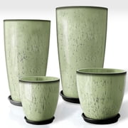 FIASON 4 Pack Tall Planters Set (24/21/12/10 Inch), Light Green Running White Glaze Flower Pots with Mesh Filters, Drainage Holes & Saucers, Indoor Outdoor Plan