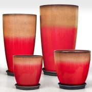 FIASON 4 Pack Tall Planters 24/21/12/10 Inch, Sunset Red Gradient Speckled Faux Ceramic Plant Pots with Drainage Hole, Mesh Filter & Saucers, Indoor Outdoor Flo
