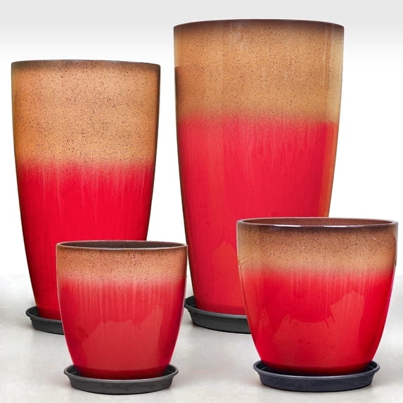 FIASON 4 Pack Tall Planters 24/21/12/10 Inch, Sunset Red Gradient Speckled Faux Ceramic Plant Pots with Drainage Hole, Mesh Filter & Saucers, Indoor Outdoor Flower Pots for Patio Porch