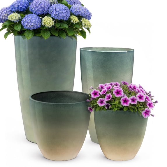 FIASON 4 Pack Tall Planters 24/21/12/10 Inch, Black and Dark Green Gradient Faux Ceramic Plant Pots with Drainage Hole, Filter & Drip Trays, Indoor Outdoor Patio Porch