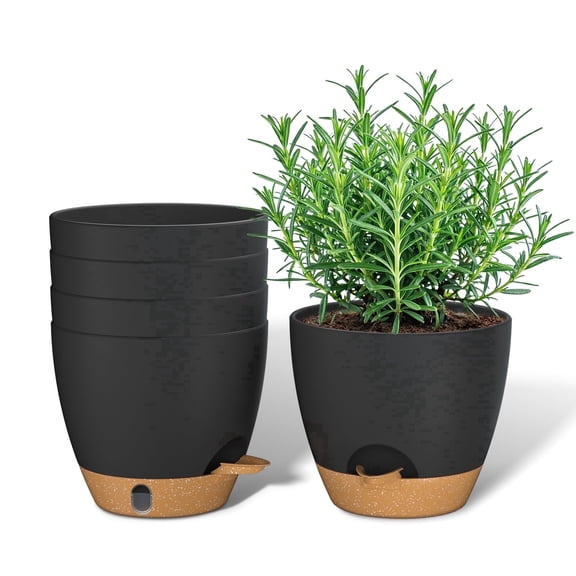 FIASON 5 Pack 6 Inch Black with Brown Self Watering Plant Pots,Include Watering Lip,Drainage Holes and Removable Saucer,Flower Pots for Indoor Outdoor Plants