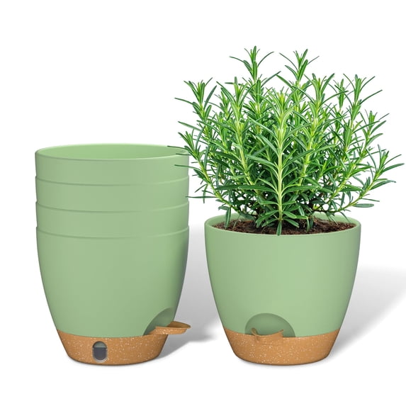 FIASON 5 Pack 6 Inch Green with Brown Self Watering Plant Pots, with Watering Lip, Drainage Holes & Removable Saucer, Small Planters for Indoor Outdoor Garden House Succulent Plants