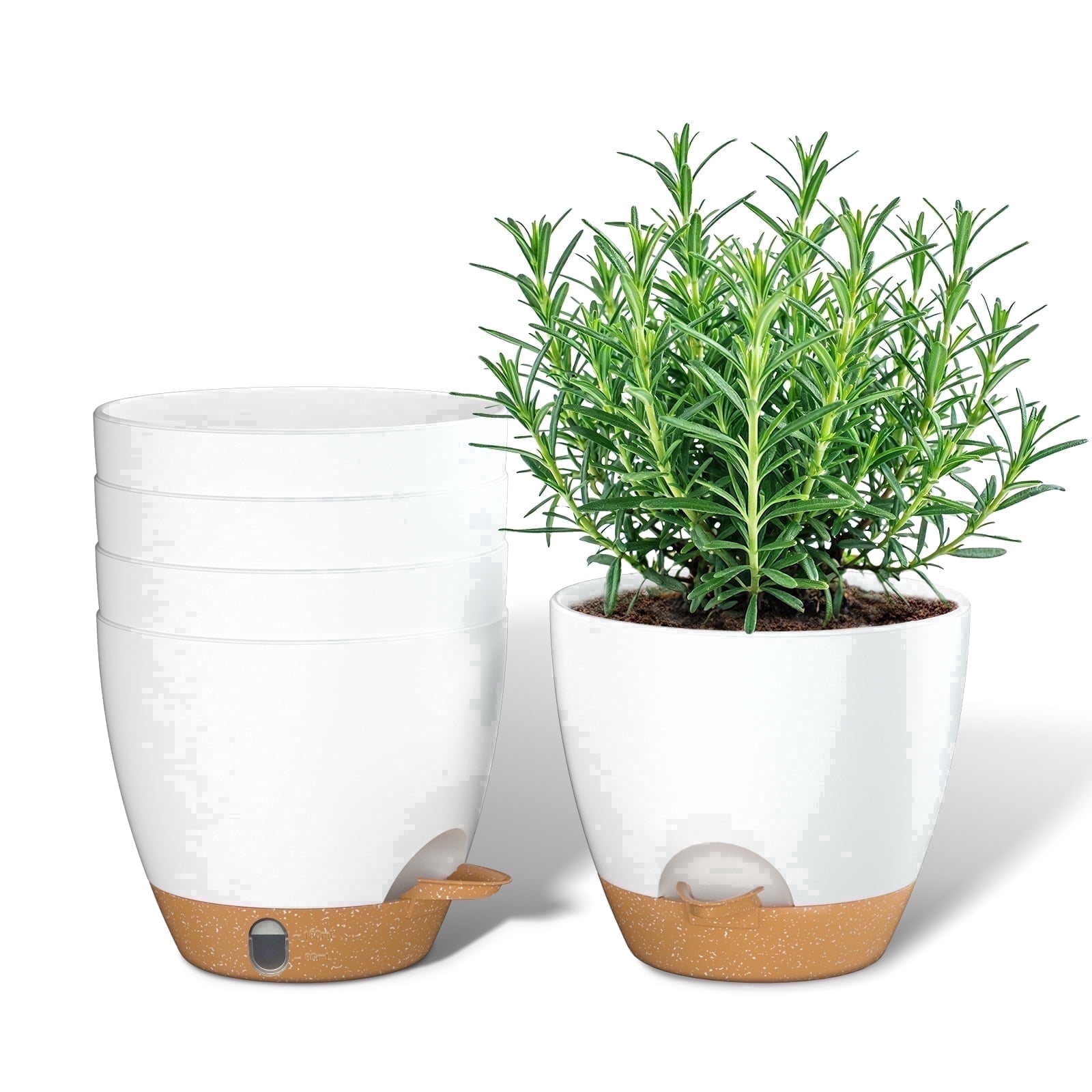 FIASON 5 Pack 6 Inch White with Brown Self Watering Plant Pots, with Watering Lip, Drainage Holes & Removable Saucer, Flower Planters for Indoor Outdoor Garden House Plants