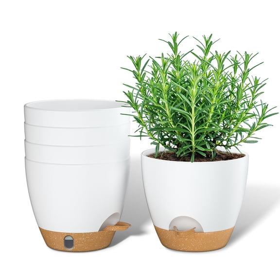 FIASON 5 Pack 6 Inch White with Brown Self Watering Plant Pots, with Watering Lip, Drainage Holes & Removable Saucer, Flower Planters for Indoor Outdoor Garden House Plants