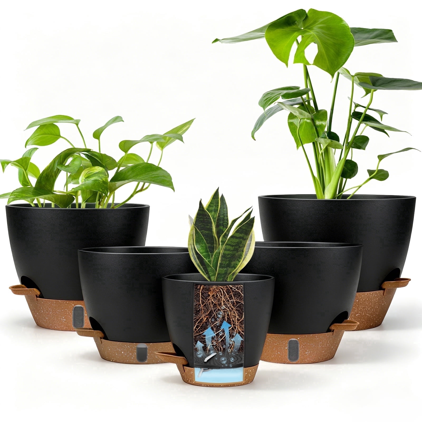 FIASON 5 Pack Plastic 6/8/9/10/12 Inch Black with Brown Self Watering Plant Pots,Include Watering Lip, Drainage Holes & Removable Saucer for Indoor Outdoor Garden House Plants