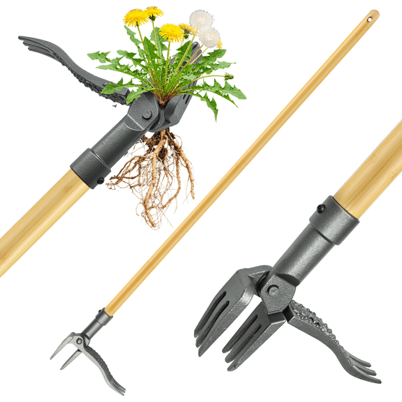 FIASON 6-Claw Stand Up Weed Puller, 43.9 in Long Bamboo Handle Heavy-Duty Steel Weed Remover with Foot Pedal, Dandelion Crabgrass Root Extractor for Lawn Yard Garden