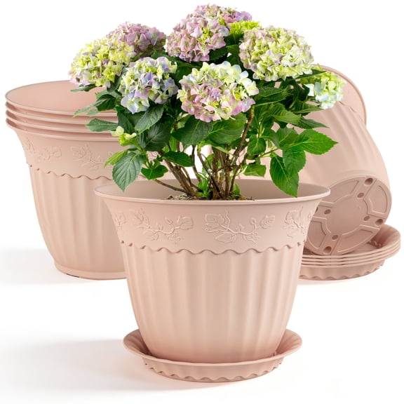 FIASON 6 Pack 10 Inch Pink Embossed Plastic Plant Pots with Vine Patterns, Drainage Holes and Saucers, Flower Pots for Indoor Outdoor