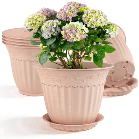 FIASON 6 Pack 10 Inch Pink Embossed Plastic Plant Pots with Vine Patterns, Drainage Holes and Matching Saucers, Decorative Flower Planters for Indoor Outdoor Garden Patio Home Office Decor