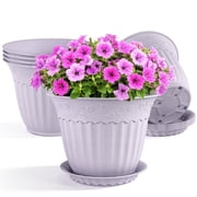 FIASON 6 Pack 10 Inch Lavender Purple Plastic Planters with Drainage Holes and Saucers, Embossed Flower Plant Pots for Snake Plants Large Indoor Outdoor