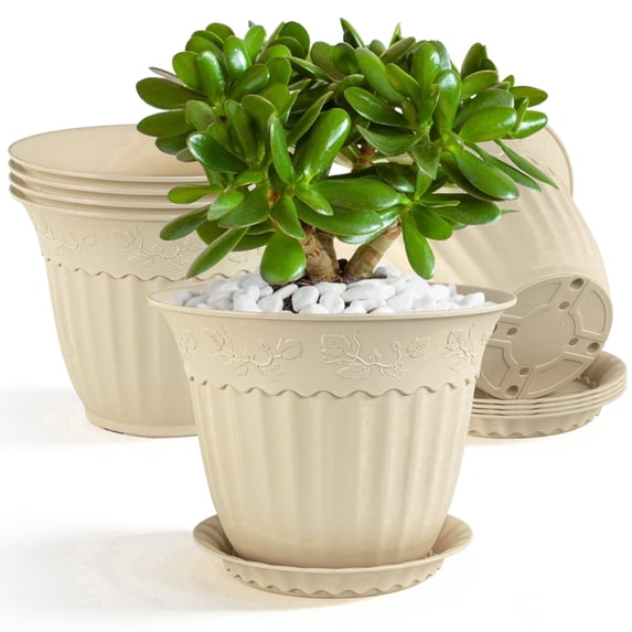 FIASON 6 Pack 6 Inch Beige Embossed Plastic Plant Pots, Vine Pattern Flower Planters with Drainage Holes and Saucers, Indoor Outdoor Decorative Plant Pots
