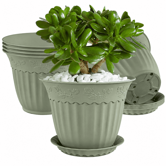 FIASON 6 Pack 6 Inch Celadon Green Embossed Plastic Plant Pots with Drainage Holes and Saucers, Vintage Vine Pattern Small Flower Planters for Succulent Herb Windowsill Desktop Indoor Outdoor Decor