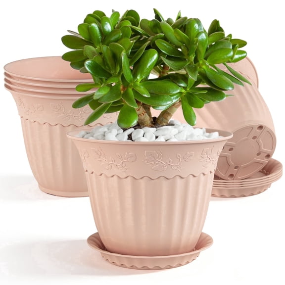 FIASON 6 Pack 6 Inch Pink Embossed Plastic Plant Pots, Decorative Flower Planters with Drainage Holes & Saucers, Indoor Outdoor Gardening Pots