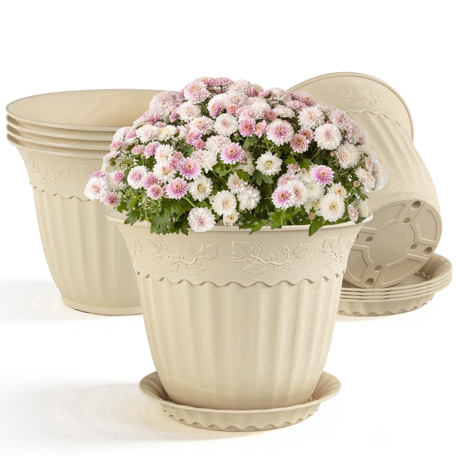 FIASON 6 Pack 8 Inch Beige Embossed Plastic Plant Pots, Vine Pattern Flower Planters with Drainage Holes and Saucers, Indoor Outdoor Decorative Plant Pots