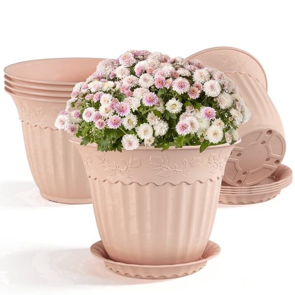 FIASON 6 Pack 8 Inch Pink Embossed Plastic Plant Pots, Vine Pattern Flower Planters with Drainage Holes and Saucers, Indoor Outdoor Decorative Plant Pots
