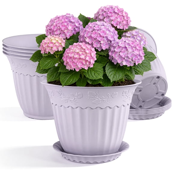 FIASON 6 Pack 8 Inch Purple Large Plastic Plant Pots with Floral Vine Embossed, Multiple Drainage Holes & Saucers, Decorative Flower Planters for Indoor Outdoor Hydrangeas Snake Plants Monstera