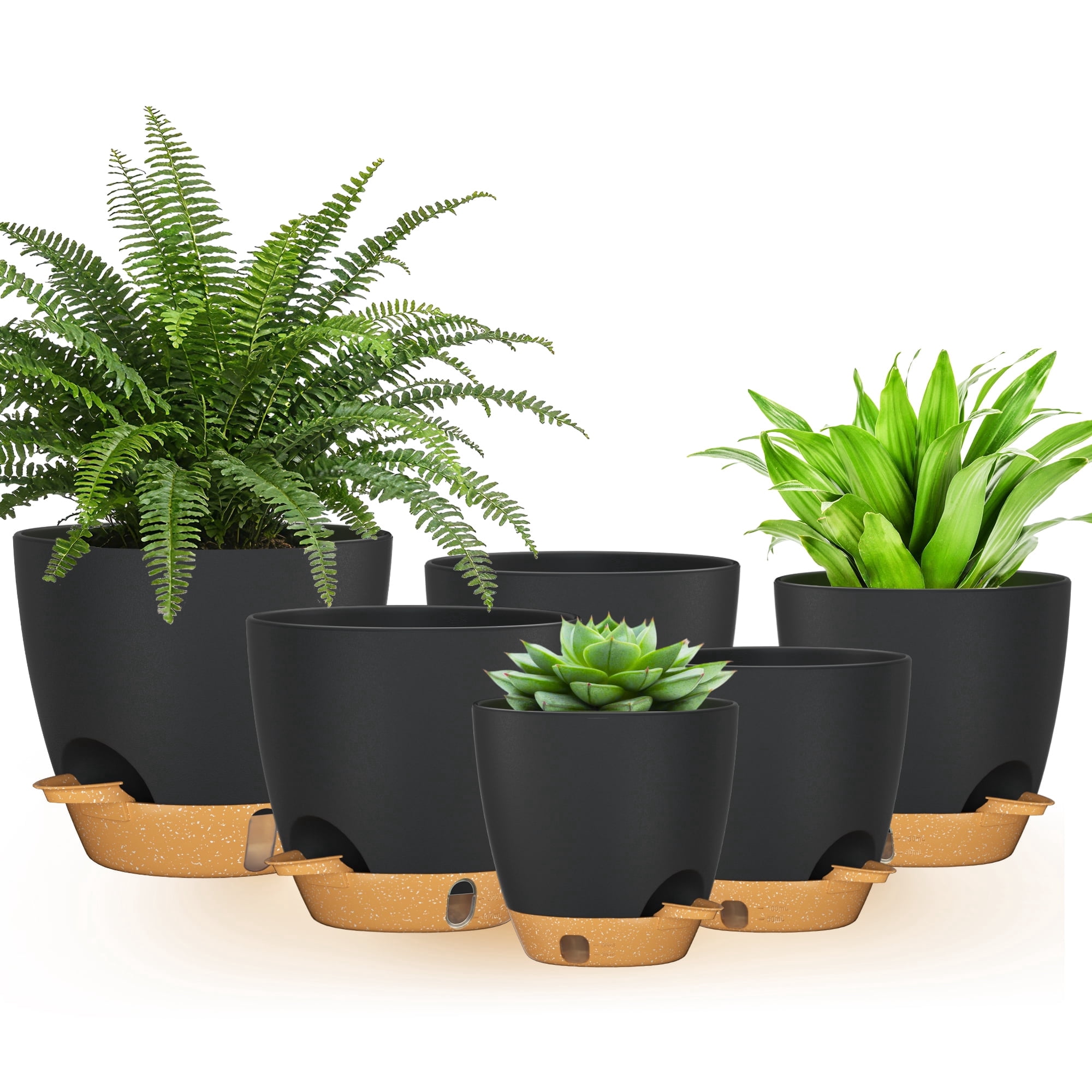 FIASON 6 Pack Self Watering Plant Pots, Black with Brown Base, 5/5.5/6 ...