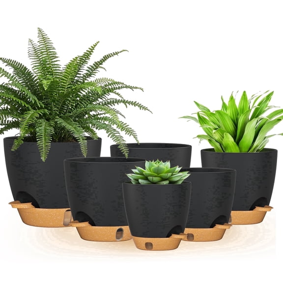 FIASON 6 Pack Self Watering Plant Pots, Black with Brown Base, 5/5.5/6/6.5/7/8 Inch, with Watering Lip, Drainage Holes & Removable Saucer, for Indoor Outdoor Garden House Plants