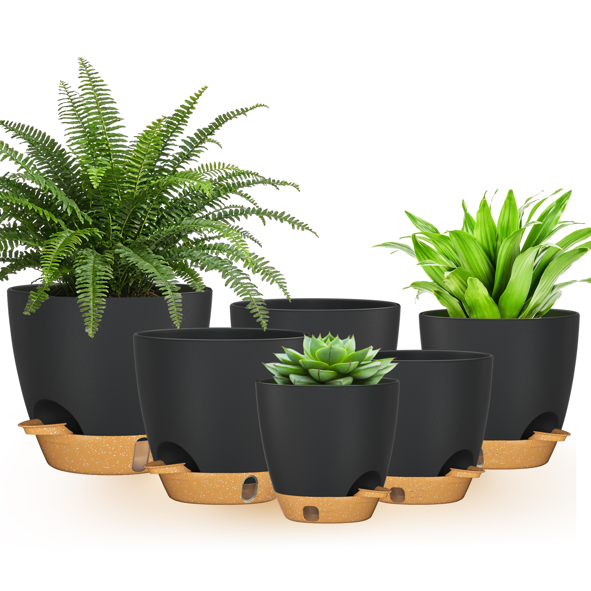 FIASON 6 Pack Self Watering Plant Pots, Black with Brown Base, 5/5.5/6 ...