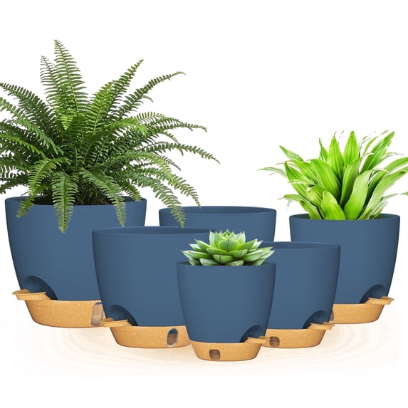 FIASON 6 Pack Self Watering Plant Pots, 5/5.5/6/6.5/7/8 Inch Blue with Brown Flower Planters with Watering Lip, Drainage Holes & Removable Saucer for Indoor Outdoor Garden House Plants