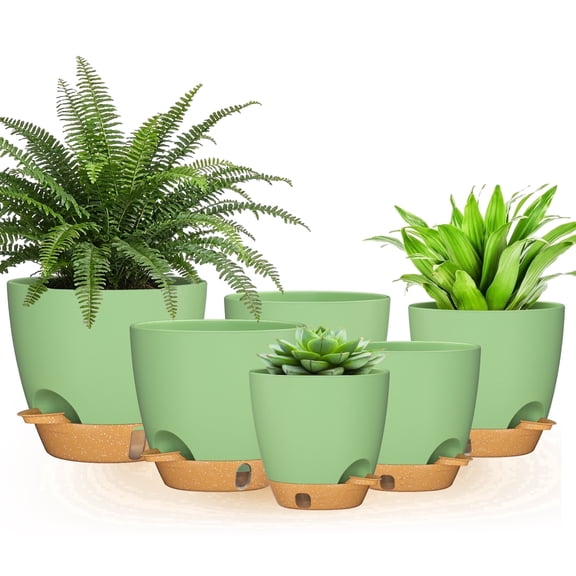 FIASON 6 Pack Plastic 5/5.5/6/6.5/7/8 Inch Green with Brown Self Watering Plant Pots,Include Watering Lip,Drainage Holes & Removable Saucer for Indoor Outdoor Garden House Plants