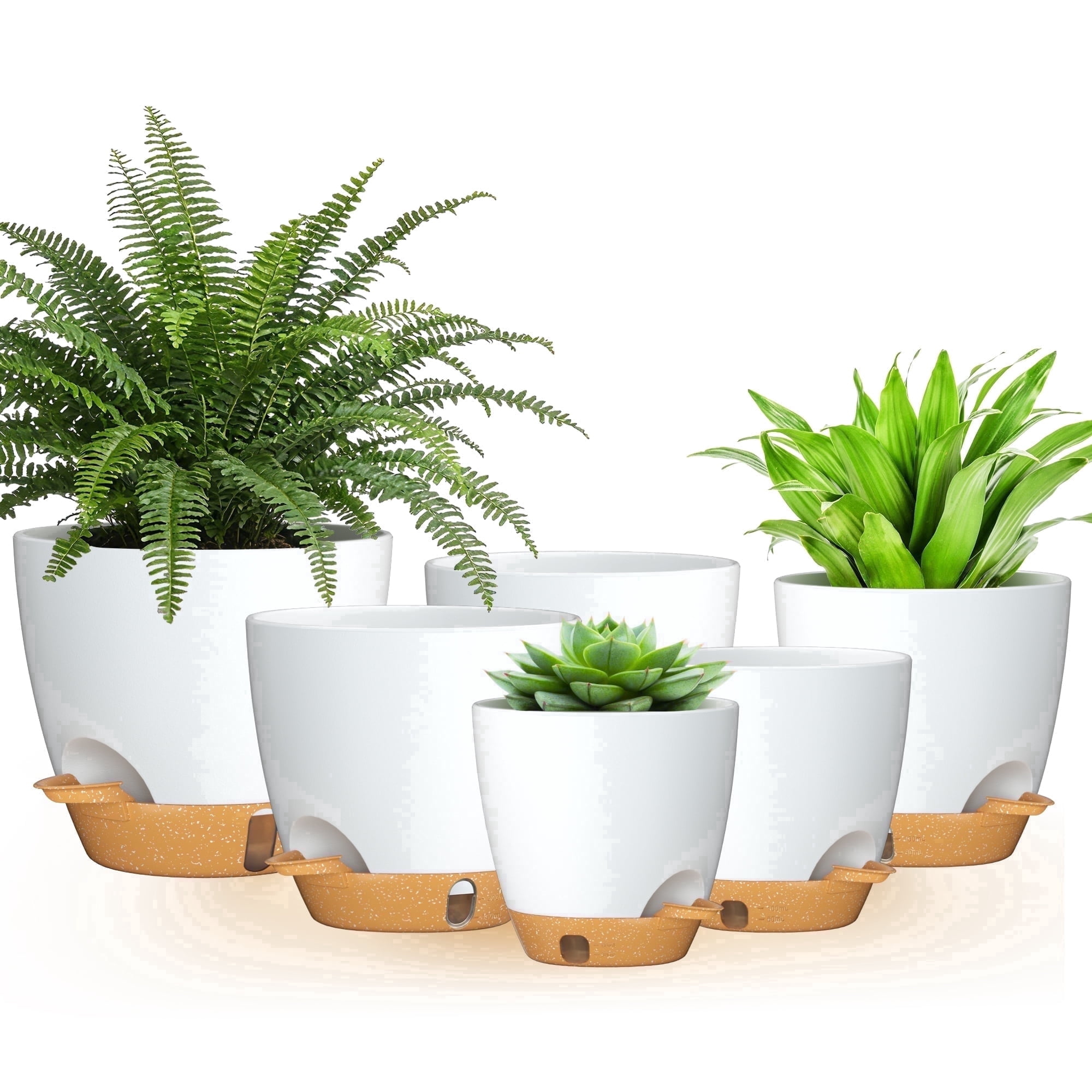 FIASON 6 Pack Self-Watering Plant Pots, White with Brown 5/5.5/6/6.5/7/8 Inch Planters with Watering Lip, Drainage Holes & Saucer for Indoor Outdoor Garden Plants