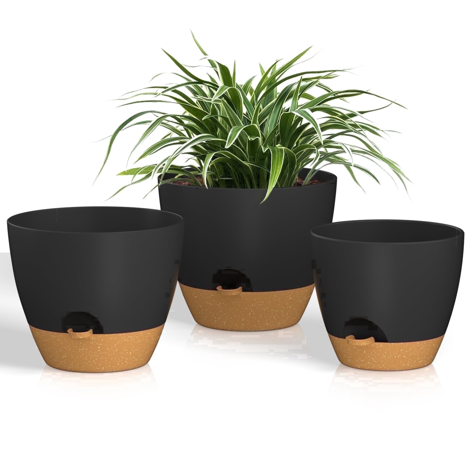 FIASON 3 Pack 8/9/10 Inch Black Grey Self-Watering Plant Pots, Plastic Planters with Watering Lip, Drainage Holes and Removable Saucer for Indoor Outdoor Plants
