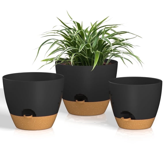 FIASON 3 Pack 8/9/10 Inch Black Grey Self-Watering Plant Pots, Plastic Planters with Watering Lip, Drainage Holes and Removable Saucer for Indoor Outdoor Plants