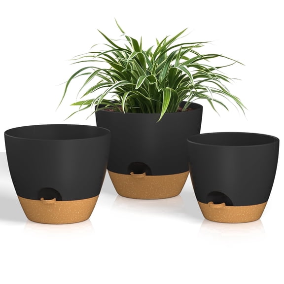 FIASON 3 Pack 8/9/10 Inch Black Grey Self Watering Plant Pots with Watering Lip,Planters with Drainage Holes and Removable Saucer,Plastic Flower Pots for Indoor Outdoor Plants