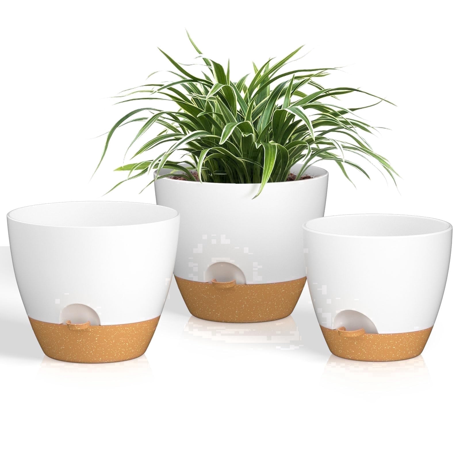 FIASON 3 Pack White Self-Watering Plant Pots, 8/9/10 Inch Modern Plastic Planters with Watering Lip, Drainage Holes and Removable Saucer, Indoor Outdoor Flower Containers for Home Garden Decor