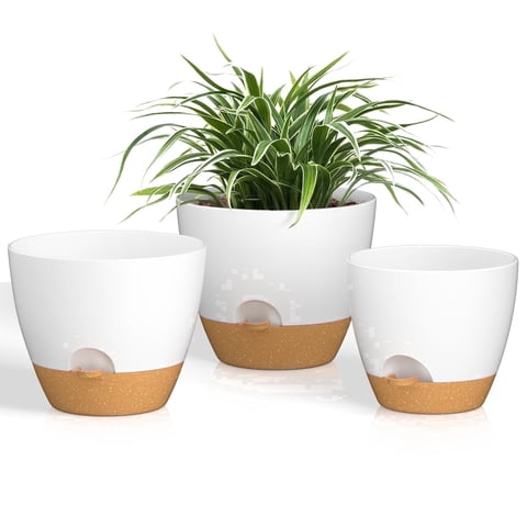 FIASON 3 Pack White Self-Watering Plant Pots, 8/9/10 Inch Plastic Planters with Watering Lip, Drainage Holes & Removable Saucer, Modern Flower Containers for Indoor Outdoor Home Garden Decor