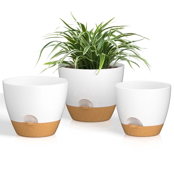 FIASON 3 Pack 8/9/10 Inch White Self Watering Plant Pots with Watering Lip,Planters with Drainage Holes and Removable Saucer,Plastic Flower Pots for Indoor Outdoor Plants