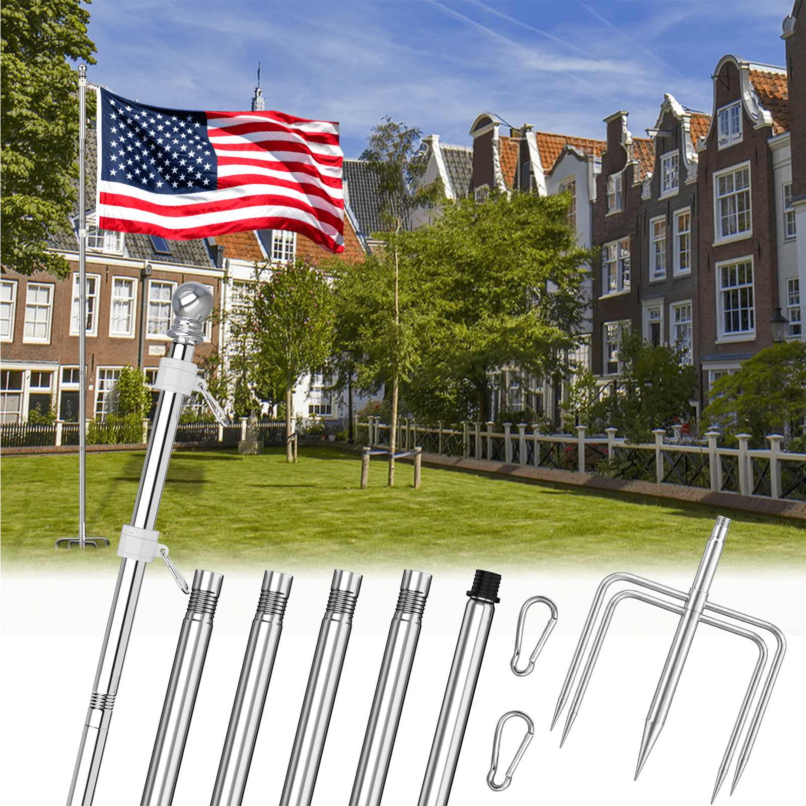 Pole In Ground FIASON 8 FT Silver Flag Pole, Heavy Duty Stainless Steel Tangle Free ...