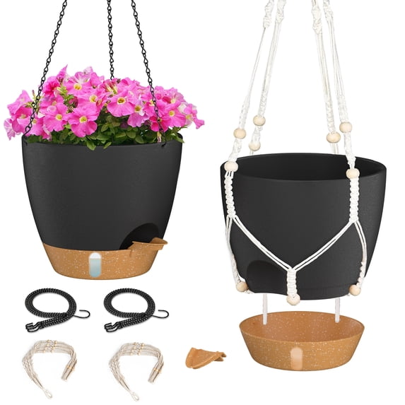 FIASON 8 Inch Black Self-Watering Hanging Planters 2 Pack, Small Hanging Flower Pots with Water Level Window, Drainage, Detachable Tray, Chain & Macrame Hangers for Apartment Balcony